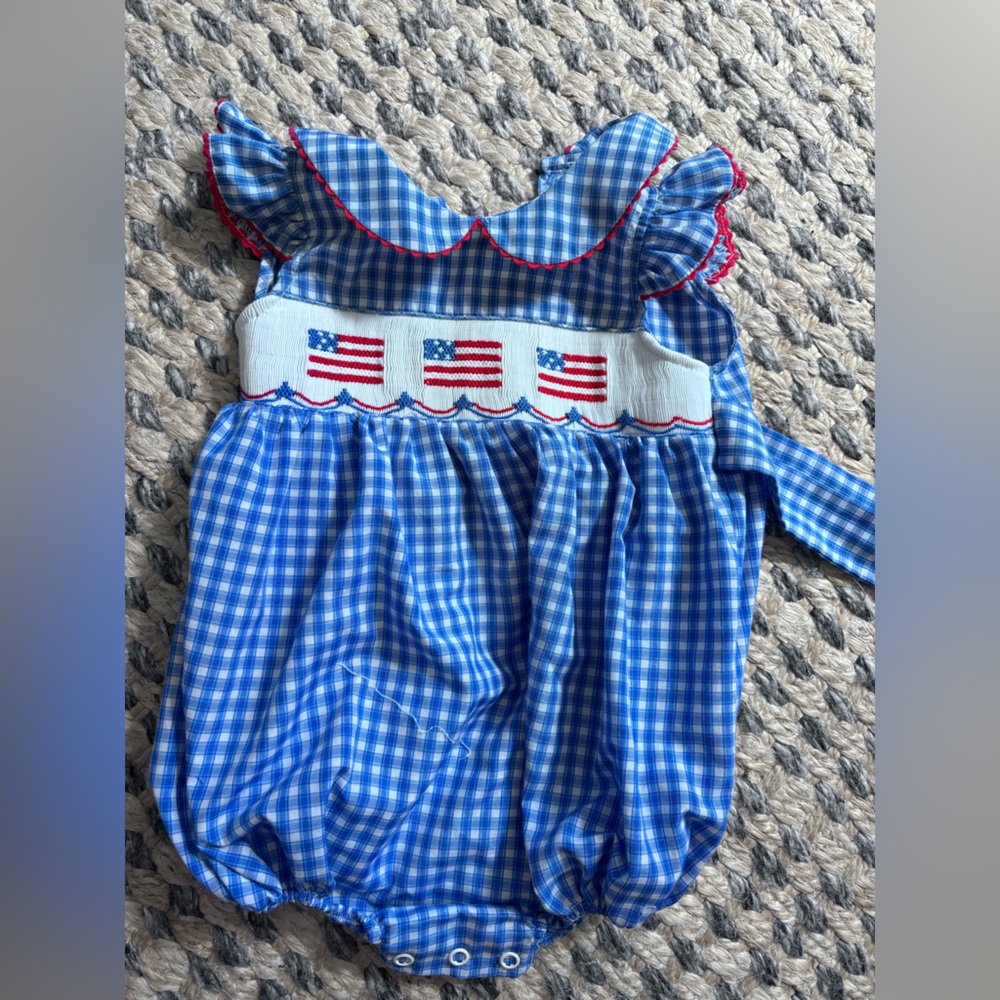 Blue Gingham Bubble with American Flag Smocked Detail